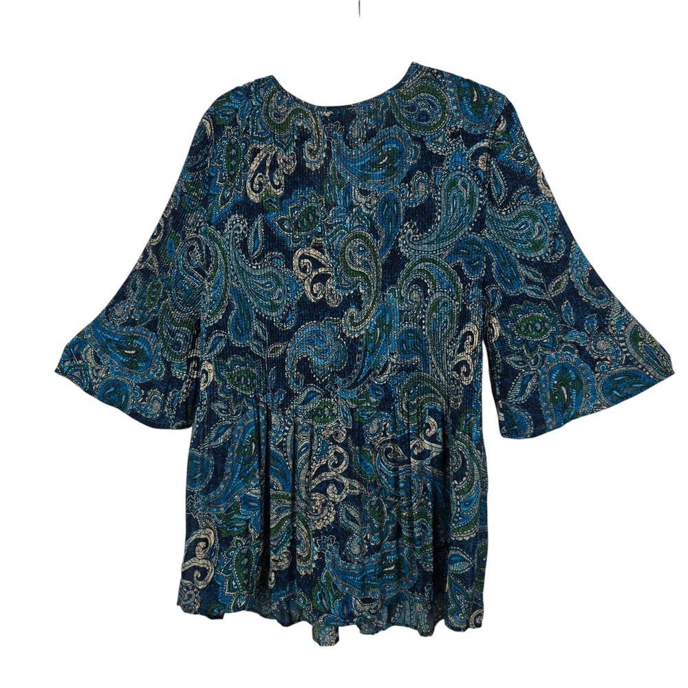 Catherines Womens 0X 14/16W Paisley Plisse Beaded V-Neck Bell Sleeve Tunic Top - Picture 2 of 11